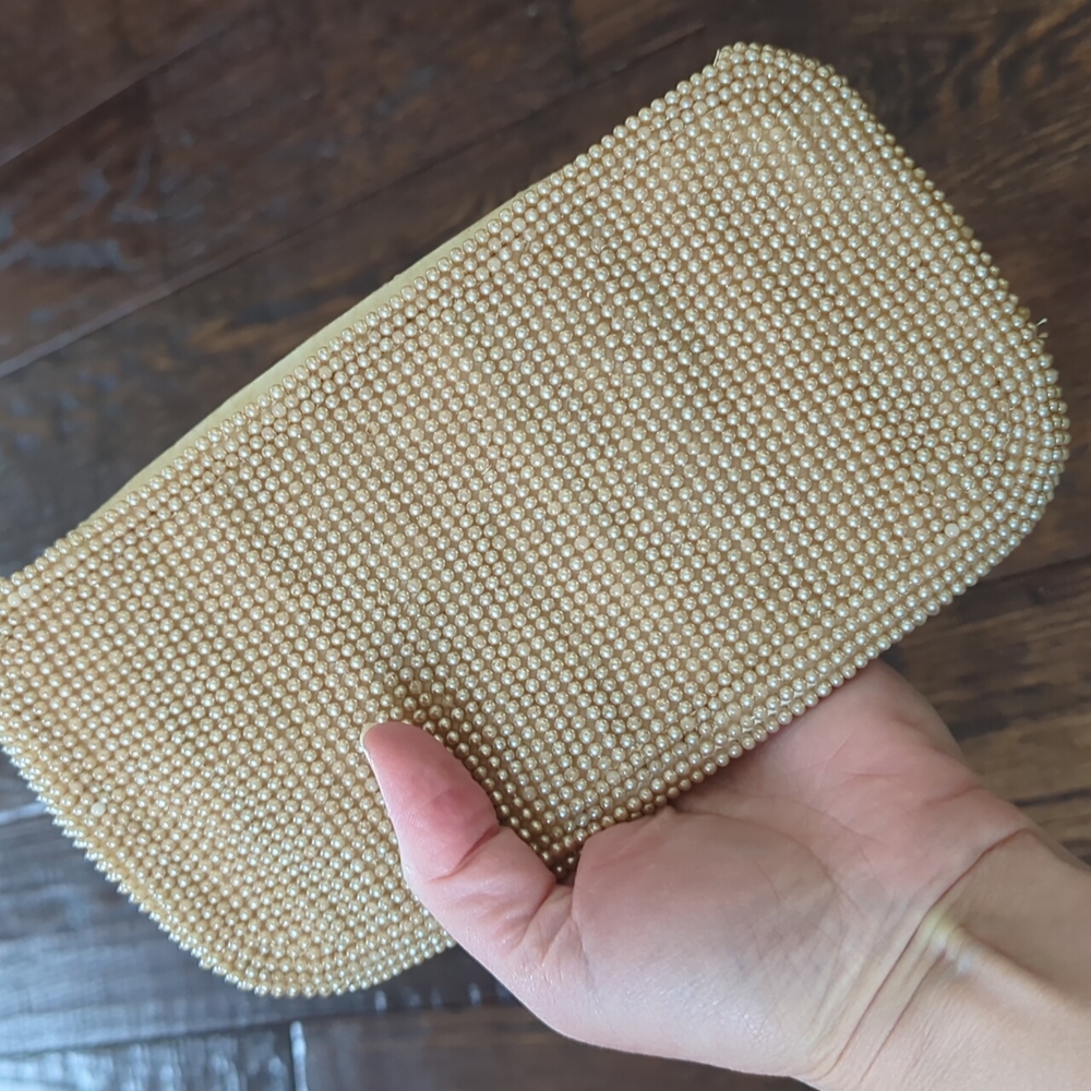 Vintage Ivory White Faux Pearl Encrusted Clutch Evening Purse